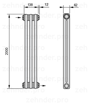 Схема (чертеж) Радиатор Zehnder Charleston 2200/3 №1670 Белый глянцевый RAL 9016